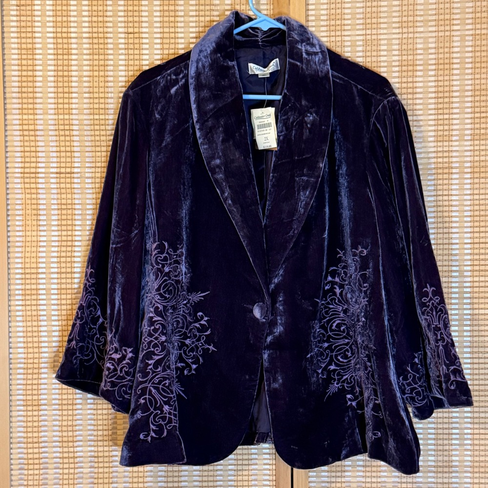 Coldwater Creek Purple Velvet Embroidered Shawl Collar Jacket Blazer 2X NWT Boho